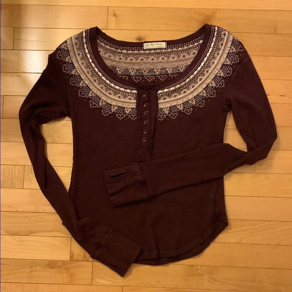 Free People Brown and Cream Embellished Long Sleeve Blouse